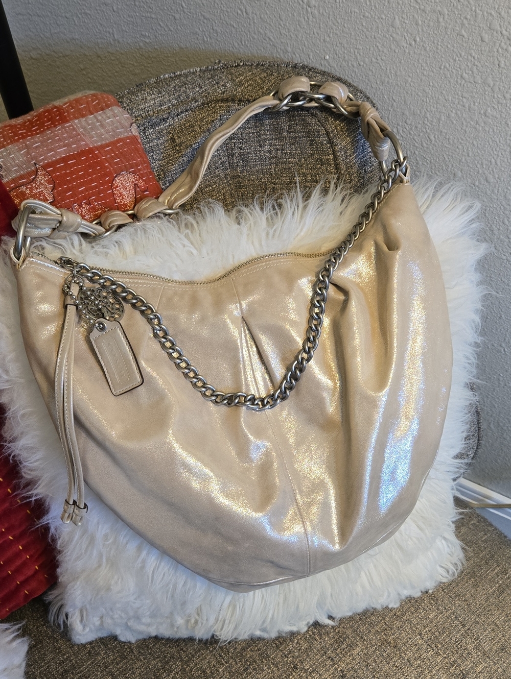 Coach Metallic Cream Hobo Shoulder Bag